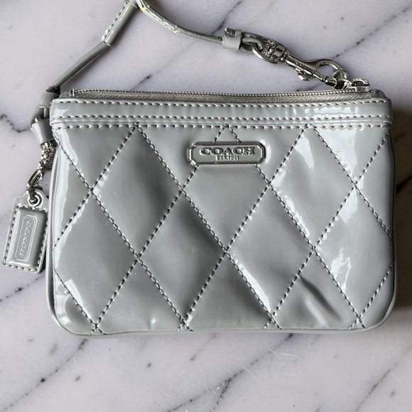 Coach Handbags - Coach Glossy Gray Quilted Patent Leather Wristlet
